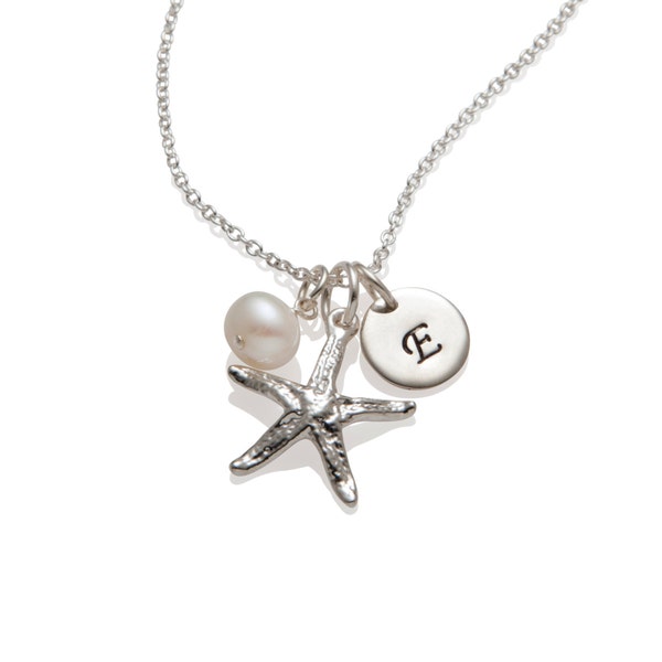 Starfish Necklace - Personalized Starfish Charm 925 Sterling Silver Initial Necklace - Bridesmaid Necklace Beach Themed Jewelry