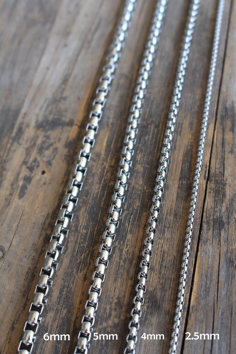 Stainless Steel Box Chain in various size lengths from 16 to 30 inches and your choice of thicknesses: 6mm, 5mm, 4mm, 2.5mm. Video shows 2.5mm thickness. Perfect chain for everyday wear. No fade, no tarnish, Sweat Proof!. Perfect for a gift. Unisex.