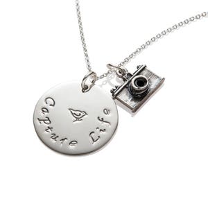 Photographer Gift , Camera Charm Necklace Sterling Silver and Gold , Capture Life image 1