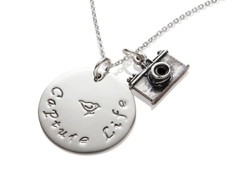 Photographer Gift , Camera Charm Necklace Sterling Silver and Gold , Capture Life