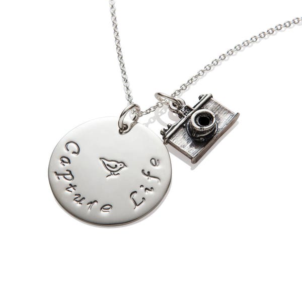 Photographer Gift , Camera Charm Necklace Sterling Silver and Gold , Capture Life