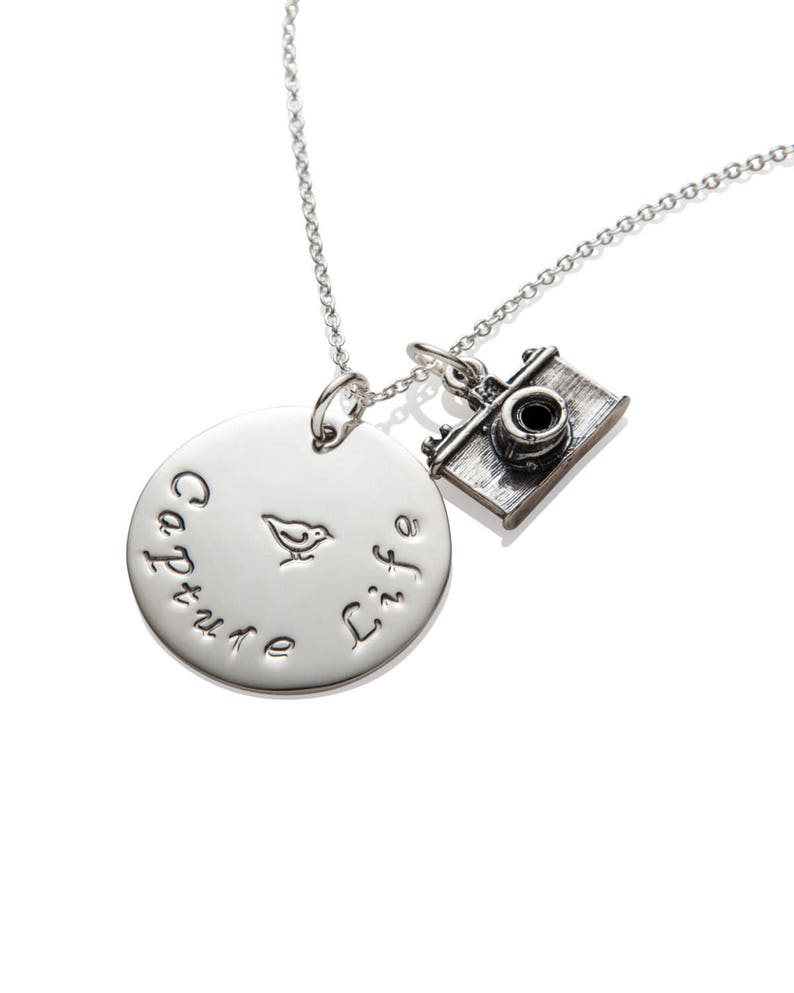 Photographer Gift , Camera Charm Necklace Sterling Silver and Gold , Capture Life image 1