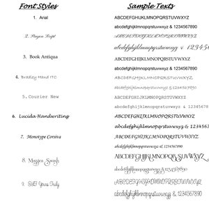 May include: A list of nine different font styles with sample text in each style. The font styles include Arial, Prayon Script, Book Antiqua, Bradley Hand ITC, Courier New, Lucida Handwriting, Monotype Corsiva, Mussen Swagh, and DSEF Yours Truly.
