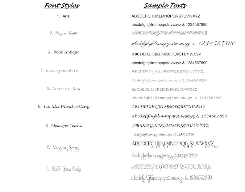 May include: A list of nine different font styles with sample text in each style. The font styles include Arial, Prayon Script, Book Antiqua, Bradley Hand ITC, Courier New, Lucida Handwriting, Monotype Corsiva, Mussen Swagh, and DSEF Yours Truly.