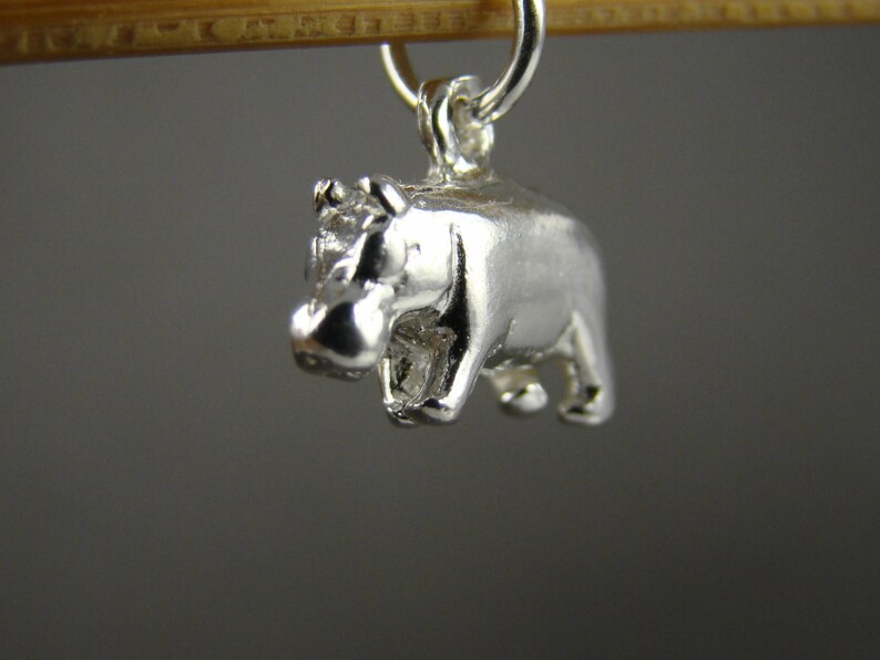 May include: A silver charm in the shape of a hippopotamus. The charm is detailed and has a smooth, shiny finish.