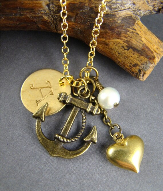 Items similar to Anchor of Love Initial Necklace Pendant, Personalized Hand Stamped, Gold Heart