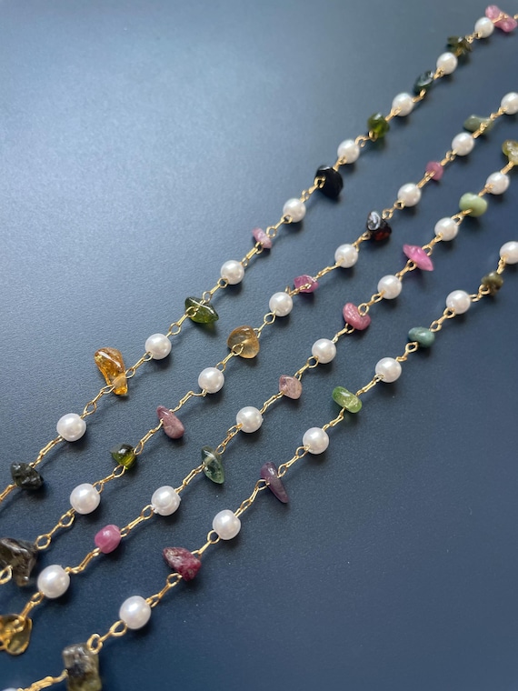 18k Gold Gemstone Chain with Colored Natural Stones and Pearls - Permanent and DIY Jewelry Making - No Fade No Tarnish - Wholesale Chains