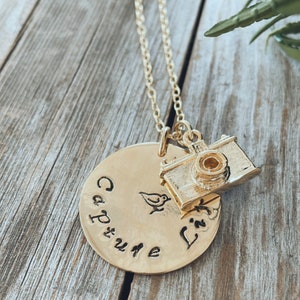 Photographer Gift , Camera Charm Necklace Sterling Silver and Gold , Capture Life image 4