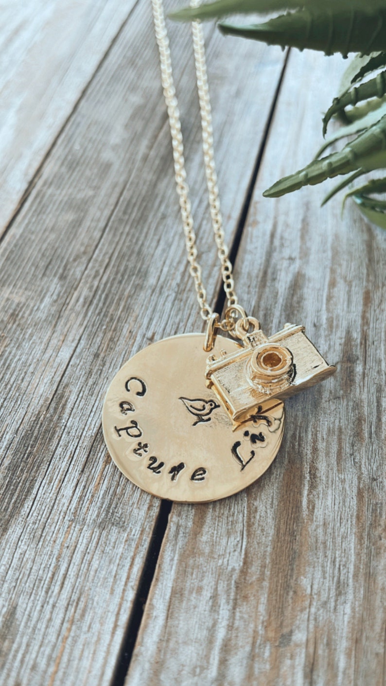 Photographer Gift , Camera Charm Necklace Sterling Silver and Gold , Capture Life image 4