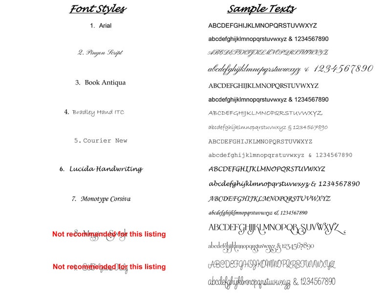 May include: A list of font styles with sample text in each font. The fonts include Arial, Pinyon Script, Book Antiqua, Bradley Hand ITC, Courier New, Lucida Handwriting, and Monotype Corsiva.