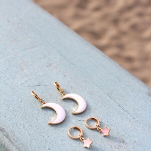 Moon and Star Earrings Earring Set Gold White Pink Hoop Earrings Birthday Gift Gift for BFF image 4