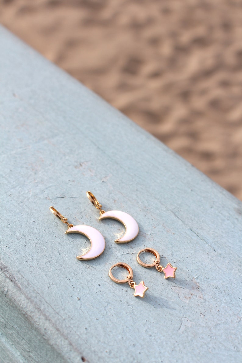 Moon and Star Earrings Earring Set Gold White Pink Hoop Earrings Birthday Gift Gift for BFF image 4