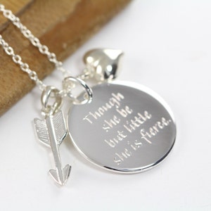 Though She Be But Little She is Fierce Pendant Necklace, Shakespeare Quote Engraved Jewelry 925 Sterling Silver image 1