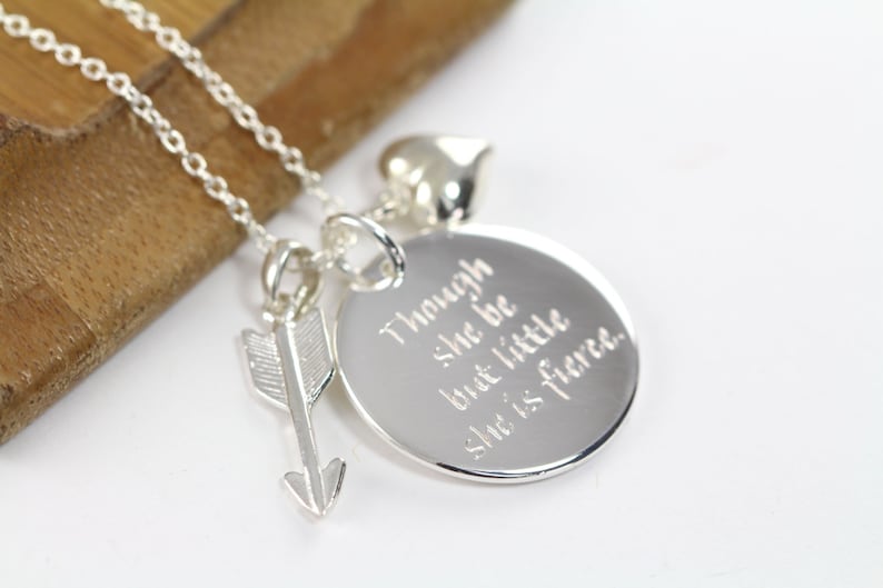 Though She Be But Little She is Fierce Pendant Necklace, Shakespeare Quote Engraved Jewelry 925 Sterling Silver image 1