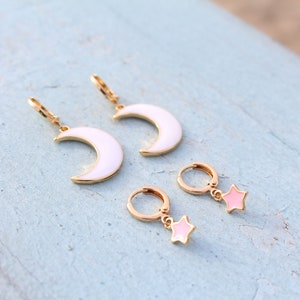 Moon and Star Earrings Earring Set Gold White Pink Hoop Earrings Birthday Gift Gift for BFF image 5