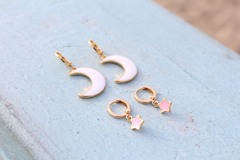 Moon and Star Earrings Earring Set Gold White Pink Hoop Earrings Birthday Gift Gift for BFF image 5