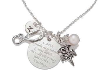 Engraved Sterling Silver Nurse Necklace – RN Graduation Gift, Stethoscope Charm