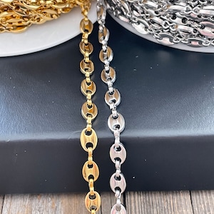No Fade No Tarnish Permanent Jewelry Making 18k Gold and Silver Coffee Bean Chain ,  Stainless Steel , Wholesale Bulk Chains