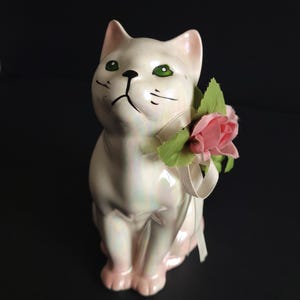 Vintage Porcelain Cat Figurine with Pink Rose & Green Eyes, Charming Collectible Mid-Century Modern Home Decor