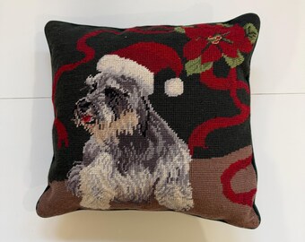 Vintage Needlepoint Miniature Schnauzer Christmas Pillow, Festive Dog Lover Decor