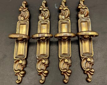 Vintage 1970s Brass Ornate Pendant Drop Pulls, Antique French Provincial Cabinet Handles Set