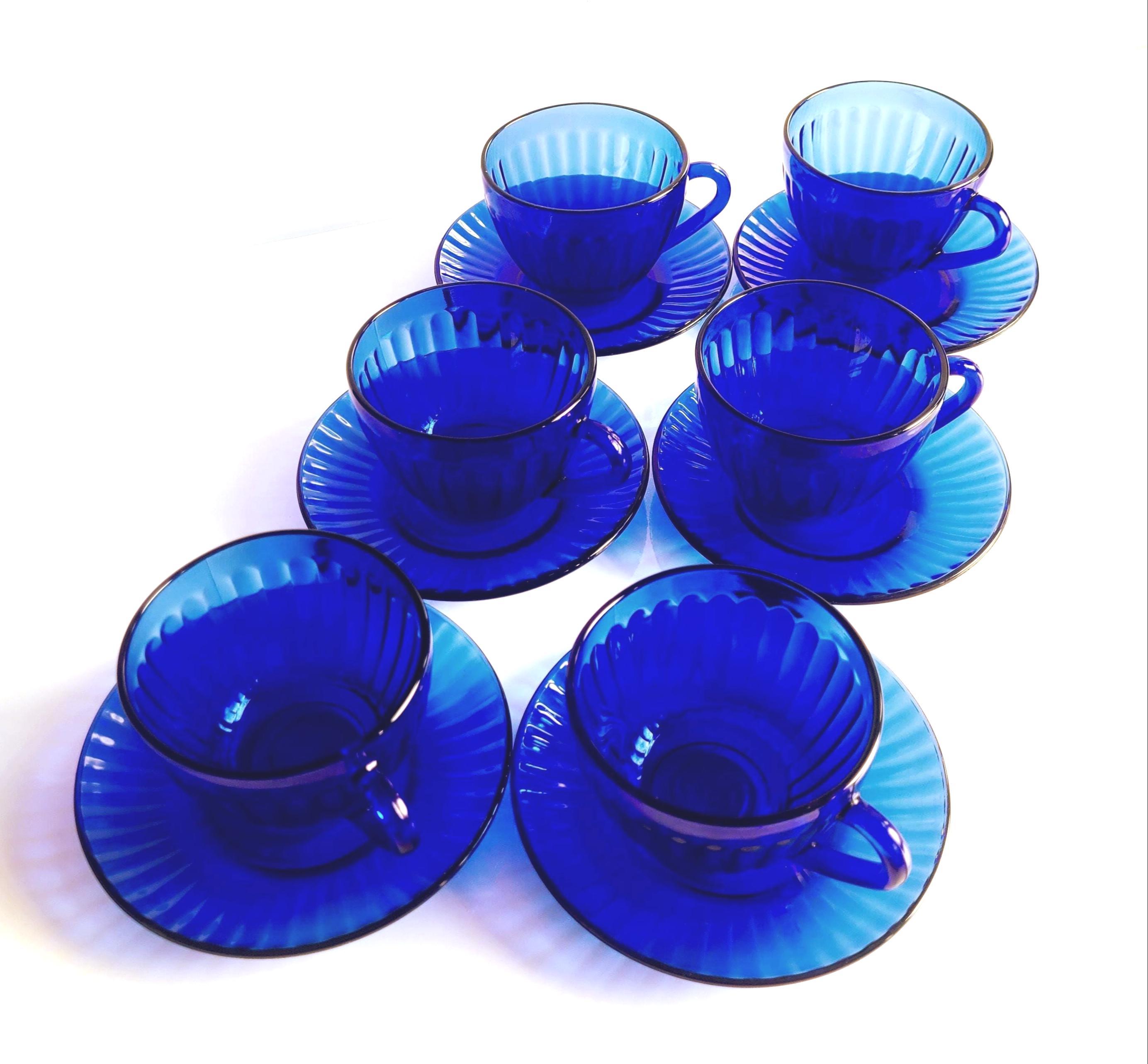 TEAC cobalt52/BL ExtraHIGH 中古品 Rare Vintage COLOREX Cobalt Blue Tea Cup Set of 6: Ribbed Glass