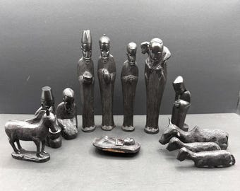 Rare 1960s African Ebony Wood Nativity Set, Hand Carved Makonde Style, 11-Piece Christmas Creche