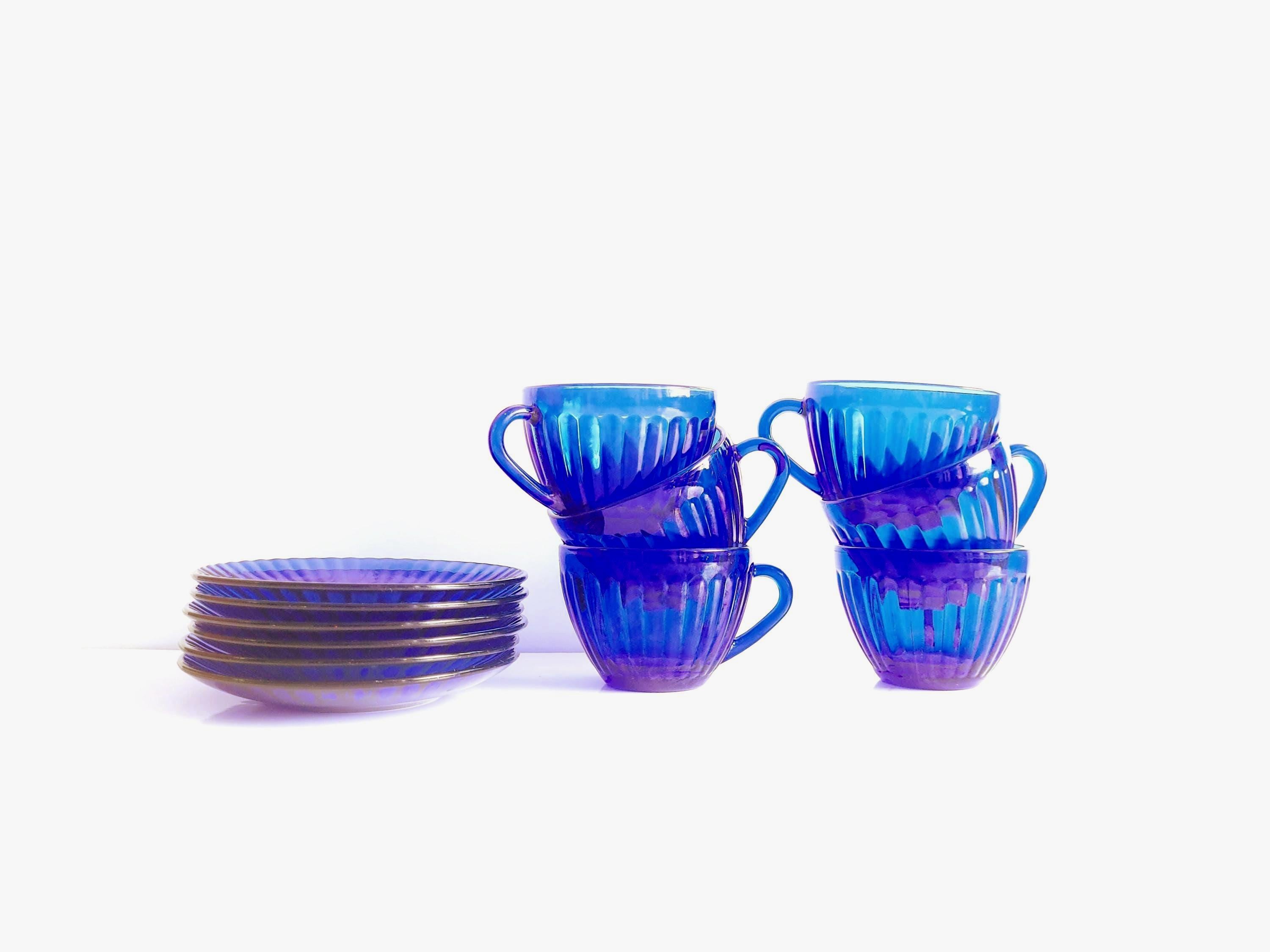 Rare Vintage COLOREX Cobalt Blue Tea Cup Set of 6: Ribbed Glass