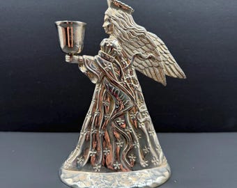 Vintage Silver Plated Angel Candle Holder, Victorian Christmas Taper Candlestick Figurine
