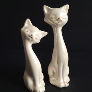 Vintage Mid-Century Modern Cat Figurines, White Ceramic Long Neck Cats, MCM Kitsch Decor Pair, Unique Cat Lover Gift