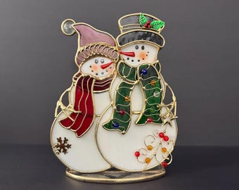 Vintage Stained Glass Snowman Couple Candle Holder, Christmas Tea Light Suncatcher (7" High)
