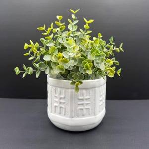 以下が含まれることがあります： 丸みを帯びた緑色の葉が茂る小さな人工ユーカリの植物。この植物は、円筒形のベースの外側に幾何学的なレリーフ模様が施された白いセラミック製の鉢に入っています。