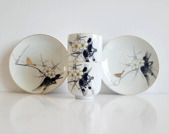 Vintage Japanese Porcelain Plate Set, Bird & Plum Blossom Design