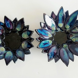 Iridescent Ceramic Flower Tray Set: Celestial Bloom Candle Stands