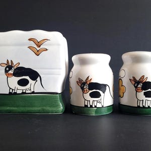 Vintage Cow Napkin Holder, Cow Salt & Pepper Shaker Set, Farmhouse Kitchen Decor, Ceramic Black White Cow Shakers, Unique Hostess Gift