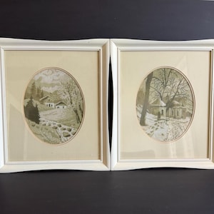 Vintage Framed Needlepoint Wall Art Set of 2 Cottagecore Landscape Hand Stitched Cross Stitch Oval Cream Frames