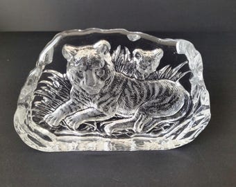 Vintage Crystal Tiger Cub Paperweight, Swedish Style Wildlife Art, Intaglio Etched Figurine