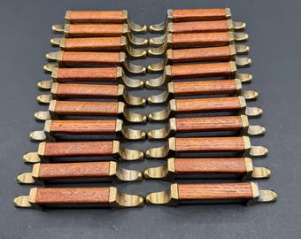 Vintage 1970s Wood and Brass Cabinet Pulls MCM Drawer Handles (22 Pieces)