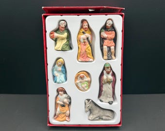 Vintage 1990s Miniature Porcelain Nativity Set: Hand-Painted Christmas Figurines (8-Piece)