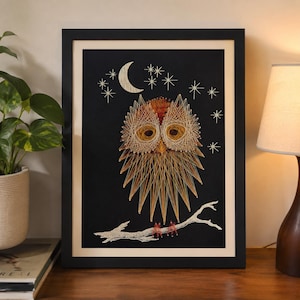 May include: A framed string art piece on a black background featuring an owl perched on a branch. The owl is created with gold and orange thread, while the crescent moon, stars, and branch are depicted in white thread within a black frame.