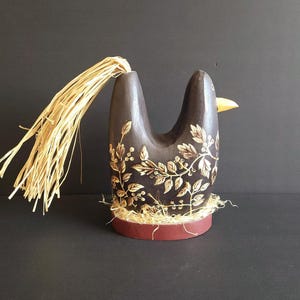Vinatge Hand-Painted Wood Chicken Figurine, Folk Art Hen Sculpture, Straw Hair and Floral Design
