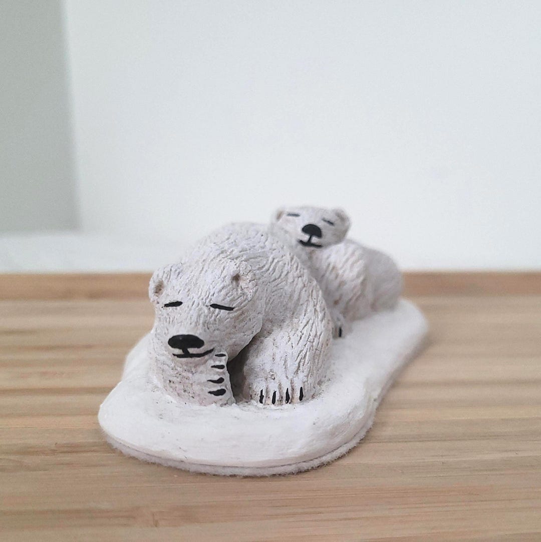 Hand Carved Polar Bear Family Figurine, Canadian Souvenir