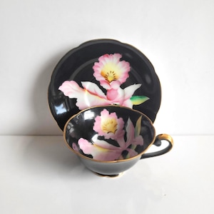 Vintage Handpainted Made in Occupied Japan Black Pink Tea Cup and Saucer Set, Orchid Flower Design, Bone China Tea Set, Collectible Tea Set