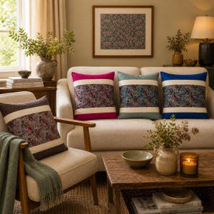 May include: A cozy living room scene featuring a cream-colored sofa and armchair adorned with decorative throw pillows. The pillows have floral patterns with white and colored borders. A wooden coffee table displays a candle, books, and a vase with flowers.