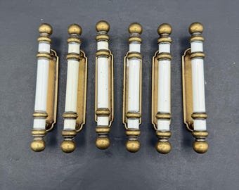 Vintage Amerock Brass and White Enamel Drawer Pulls, Mid Century Cabinet Handles Set of 6