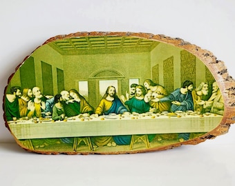 Vintage Last Supper Wood Slice Wall Art: Rustic Christian Decor