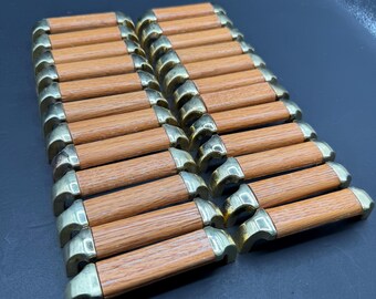 Vintage 1970s Oak Brass Cabinet Pulls Mid Century Wood Drawer Handles Lot of 26