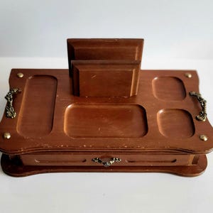 Organiseur vintage en bois « London Leather » pour portefeuille, clés et bijoux avec tiroir, commode pour homme