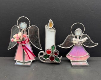 Vintage Stained Glass Christmas Angels Ornament Set, Iridescent Pink Angel Figurines with Candle, Holiday Decor