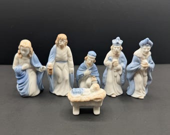 Vintage Blue and White Porcelain Nativity Set, 6-Piece Ceramic Christmas Manger Scene (1980s)